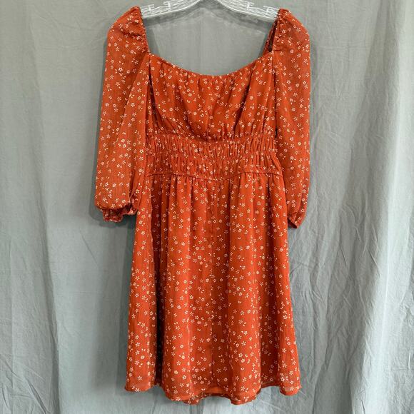 Row A Rust Orange Floral Prairiecore Puff Sleeve Smocked‎ Mini Dress Size M - Picture 4 of 11